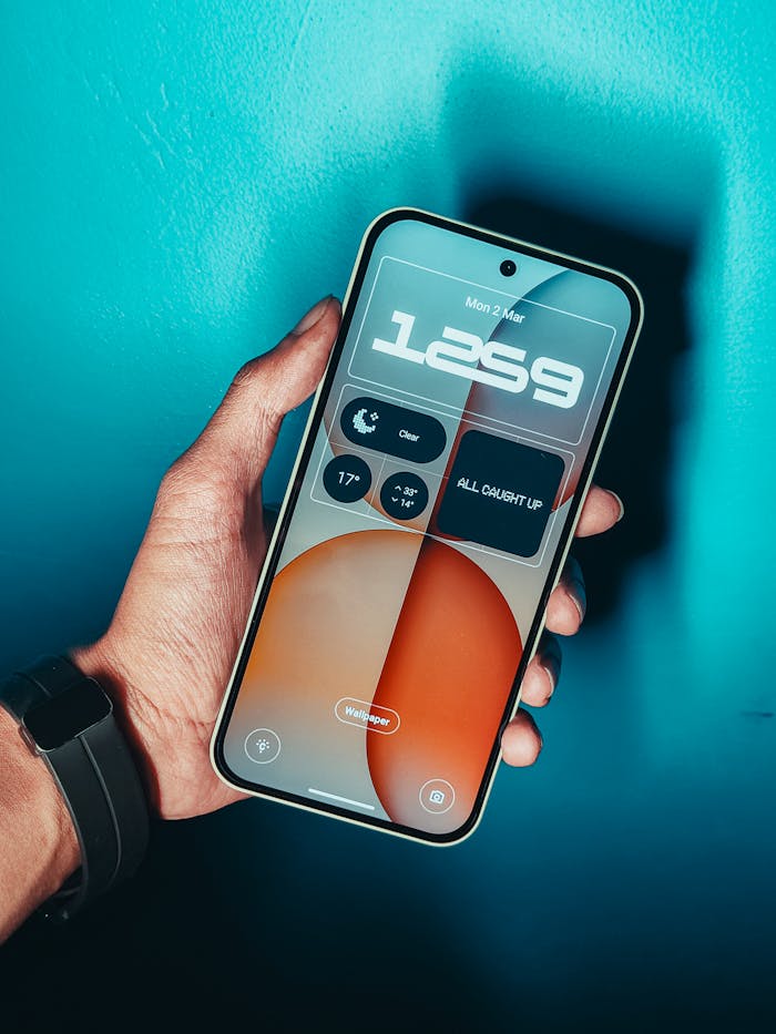 Close-up of a hand holding a modern smartphone with a vibrant interface and widgets displayed.